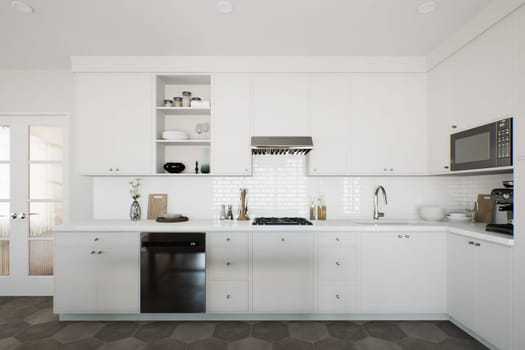 White kitchen with accent dishwasher and kitchen utensils. Stylish kitchen in traditional style. 3D rendering