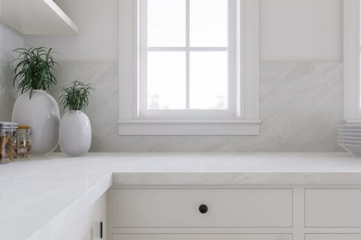 Kitchen white countertop with window and utensils. Stylish, bright kitchen in traditional style. 3D rendering