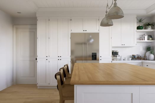 Wooden countertop, empty surface to place your goods, with a blurred kitchen background in the background. Stylish, bright kitchen in traditional style. 3D rendering