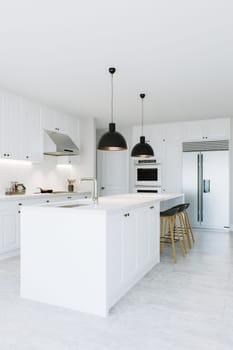 White kitchen with island, bar stools, refrigerator and all necessary appliances. Kitchen design in high-tech style. 3D rendering