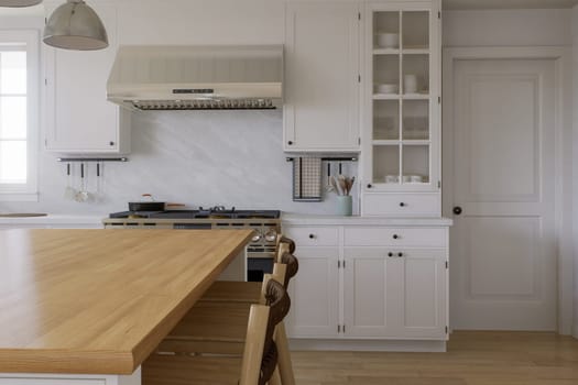 Wooden countertop, empty surface to place your goods, with a blurred kitchen background in the background. Stylish, bright kitchen in traditional style. 3D rendering