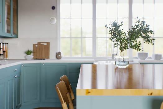 Kitchen with green cabinets, large window in the background and accent countertop to advertise the product. Kitchen island with blurry long shot of green kitchen. 3D rendering.