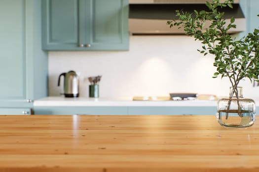 Green kitchen with wood countertops and accent island for product display. Empty kitchen countertop with blurred kitchen background with appliances and utensils. 3D rendering.