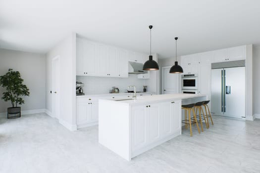 Stylish white kitchen with island, black fixtures, appliances and utensils. Kitchen with common area, kitchen appliances and white marble. 3D rendering