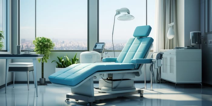 Dentist chair in empty room at clinic. Generative AI.