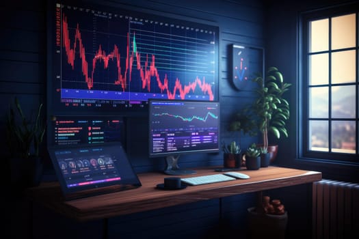 Economic and Financial graphs with glowing lines and diagram on digital screen. Trading market and economic concept. Generative AI.