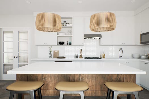 White kitchen with wood island and patterned wood fixtures with kitchen appliances and utensils. Stylish kitchen in traditional style. 3D rendering