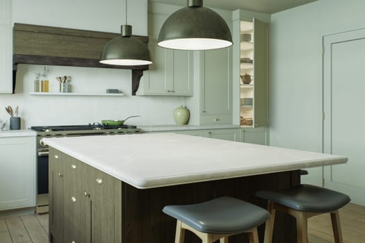 Kitchen with a large island, bar stools, metal lamps - in a traditional style. Kitchen interior with a large window and kitchen utensils. 3D rendering