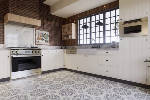 White kitchen with dark red brick, wood, and kitchen utensils. L-shaped kitchen with beams focusing on the stove with hood. 3d rendering