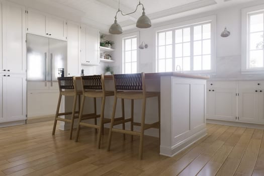 White U-shaped kitchen with windows, kitchen appliances and utensils. Stylish, bright kitchen in a traditional style. 3D rendering