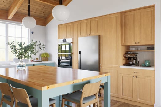 Kitchen with green cabinets, large window in the background and accent countertop to advertise the product. Kitchen island with blurry long shot of green kitchen. 3D rendering.