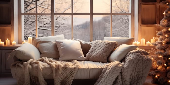 Winter season. Cozy sofa and Window with winter frost. Generative AI.