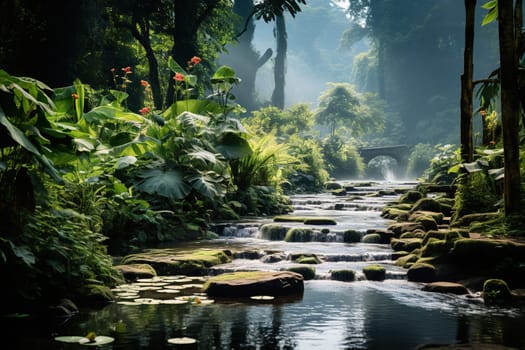 River in the tropical forest. Large tropical plants.