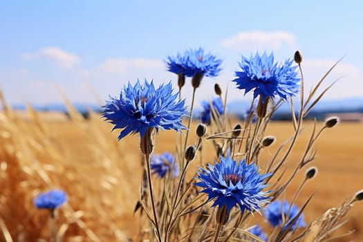 Blue cornflowers in a field close-up. Cornflowers in a summer field.