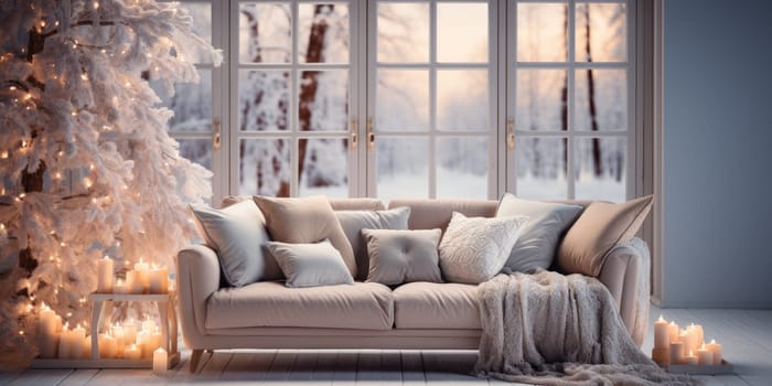 Winter season. Cozy sofa and Window with winter frost. Generative AI.