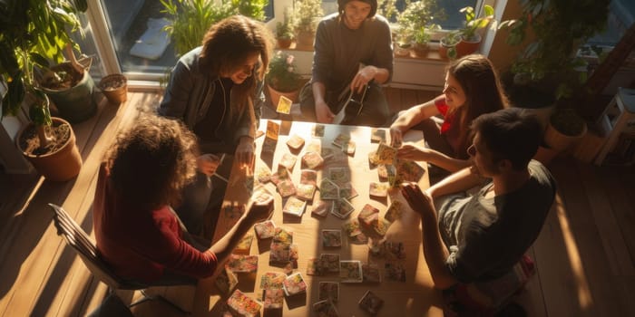 A group of children play cards at home. Generative AI.