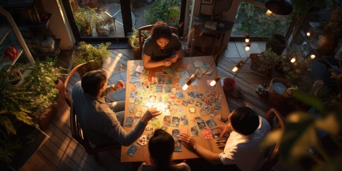 A group of children play cards at home. Generative AI.