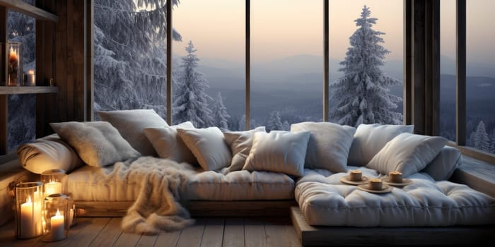 Winter season. Cozy sofa and Window with winter frost. Generative AI.