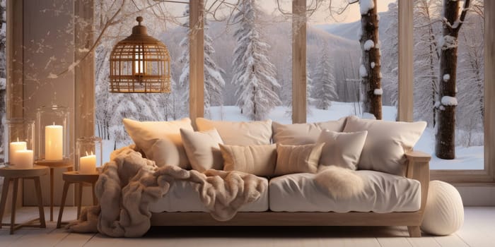 Winter season. Cozy sofa and Window with winter frost. Generative AI.