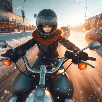 young woman drive scooter in snow storm in winter time in a city trafficked road generative ai art