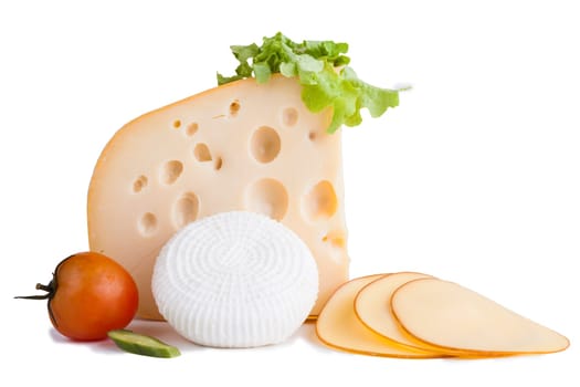 yellow cheese with a red tomato and some slices isolated on white background
