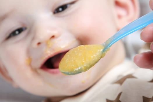 Baby boy eating vegetable mash