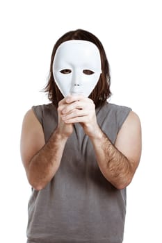 Scary man holding white mask, isolated on white background.