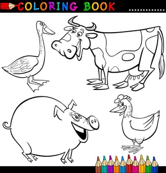 Coloring Book or Page Cartoon Illustration of Funny Farm and Livestock Animals for Children