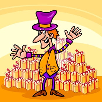 cartoon illustration of elf or gnome with christmas presents