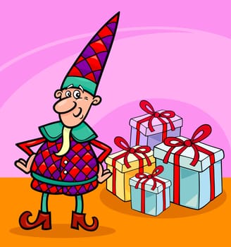 cartoon illustration of elf or gnome with christmas presents