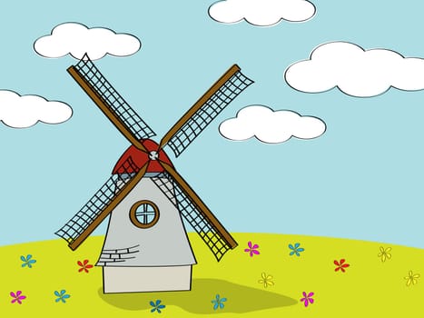 Childlike style drawign with a dutch mill