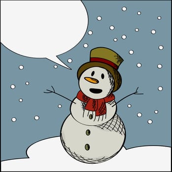 Stylized graphic of a smiling snowman with speech buble