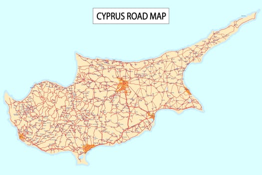 Detailed road map of Cyprus Island with Cities and settlements.