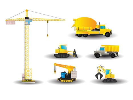 Cartoon style drawing of construction vehicles