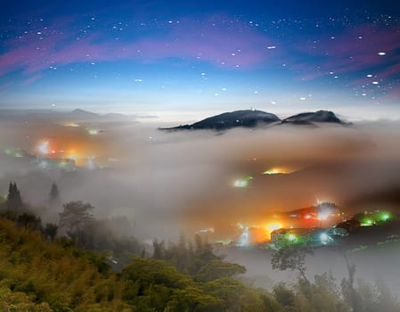 Amazing sunrise and mountain of cloud with mountains and tree