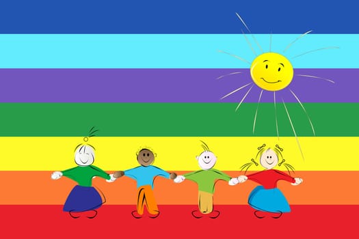 Conceptual graphic with children silhouettes over a rainbow peace flag