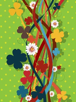 Decorative floral pattern with clover leaves and flowers in colors