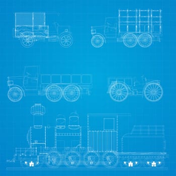 Old transportation vehicles and steam locomotive blueprint design