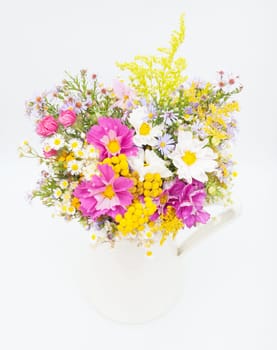 Bouquet of Wild Summer Flowers in White Pitcher on White Background