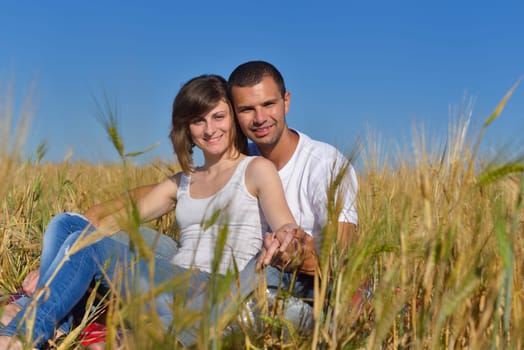 happy young couple in love have romance and fun at wheat field in summer