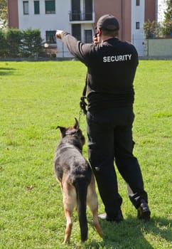 back of a security guard with a dog