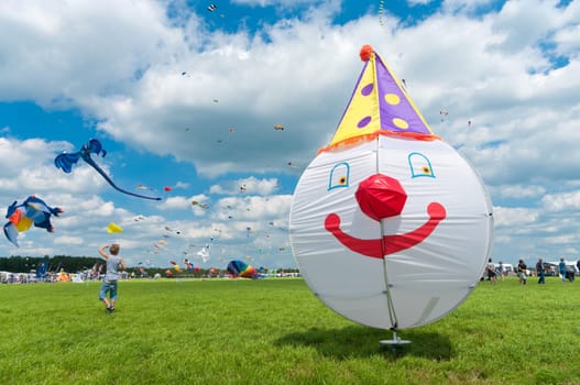 colorful kites at the 3rd international kite festival in Twenterand, Netherlands with a lot of participants from Germany and Belgium.