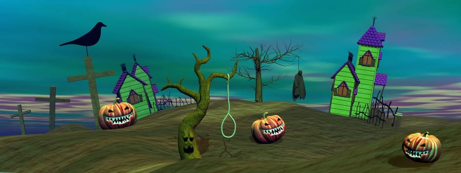 Halloween pumpkins and houses, trees, crosses, crow and dead man by green sunset