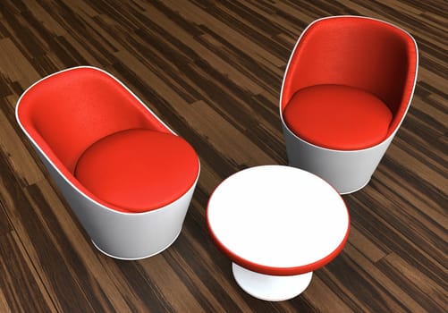 Modern seating group red on wooden floor from above
