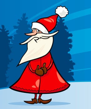 Cartoon Illustration of Cheerful Santa Claus or Papa Noel against Evening Sky and Christmas Tree