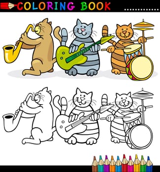 Coloring Book or Page Cartoon Illustration of Funny Cats Music Band for Children