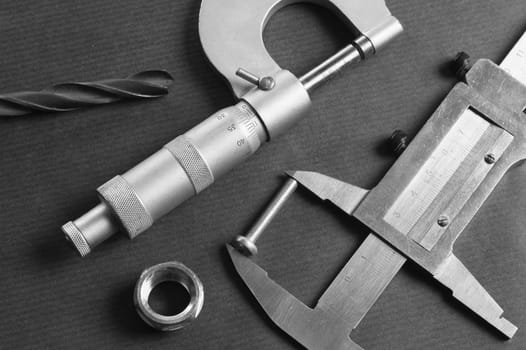 Details, drills and measuring tools, a close up