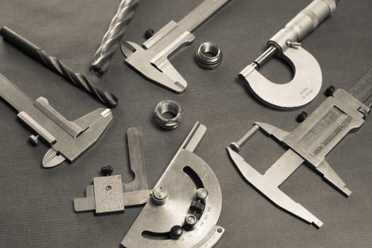 Details, drills and measuring tools, a close up