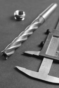Details, drills and measuring tools, a close up