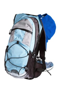 hiking equipment, rucksack ,boots  and Cap isolated on white